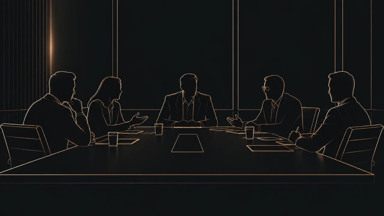 Ilustração de cinco pessoas reunidas em volta de uma mesa de reunião, em traço dourado sobre fundo escuro