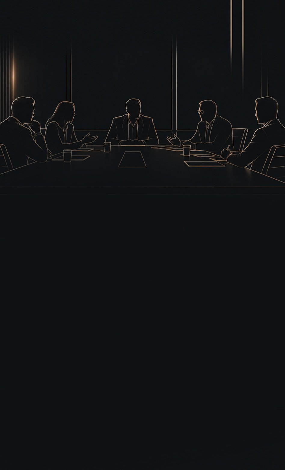 Ilustração de cinco pessoas reunidas em volta de uma mesa de reunião, em traço dourado sobre fundo escuro
