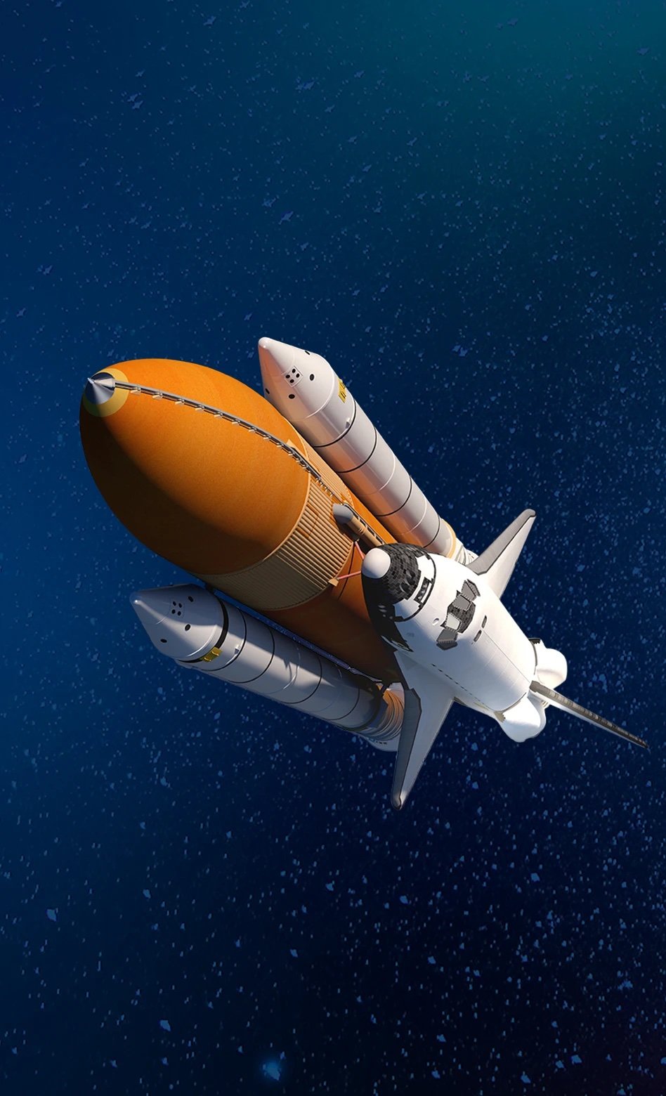 Ônibus espacial com tanque laranja subindo no espaço estrelado